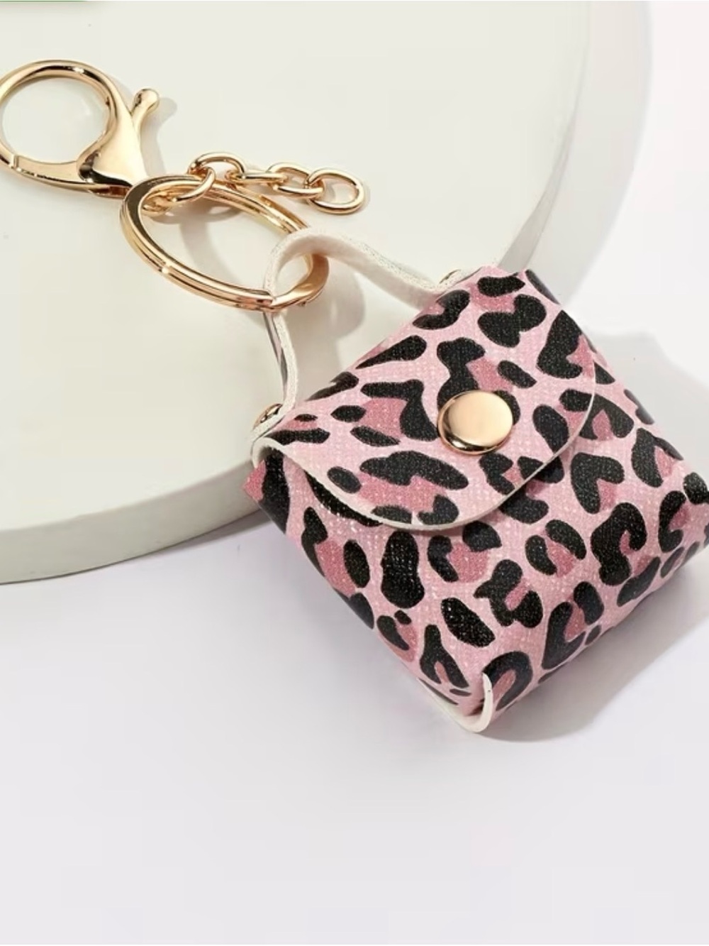 Pink Leopard Print Mini Bag Keychain with Gold Hardware